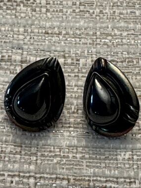 Vintage Teardrop Black Glass post sterling earrings